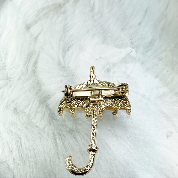 Vintage Umbrella Brooch Pin Mother of Pearl Plaid Accent Gold Tone - Picture 3 of 5
